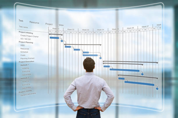 Project manager looking at AR screen with Gantt chart schedule or planning showing tasks and deadlines